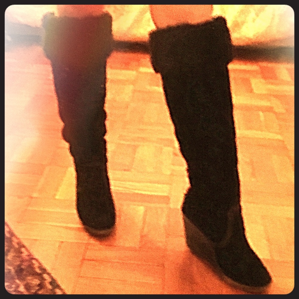 Black Microsuede knee high wedge boots